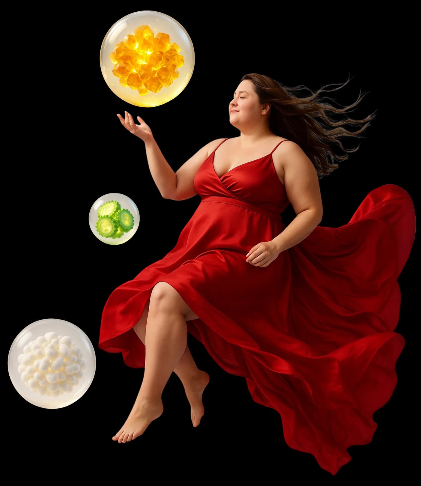 Woman floating with iriglow supplements
